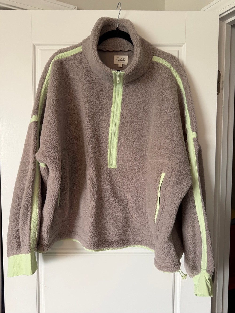 Oddi Taupe Fleece Pullover with Lime Trim